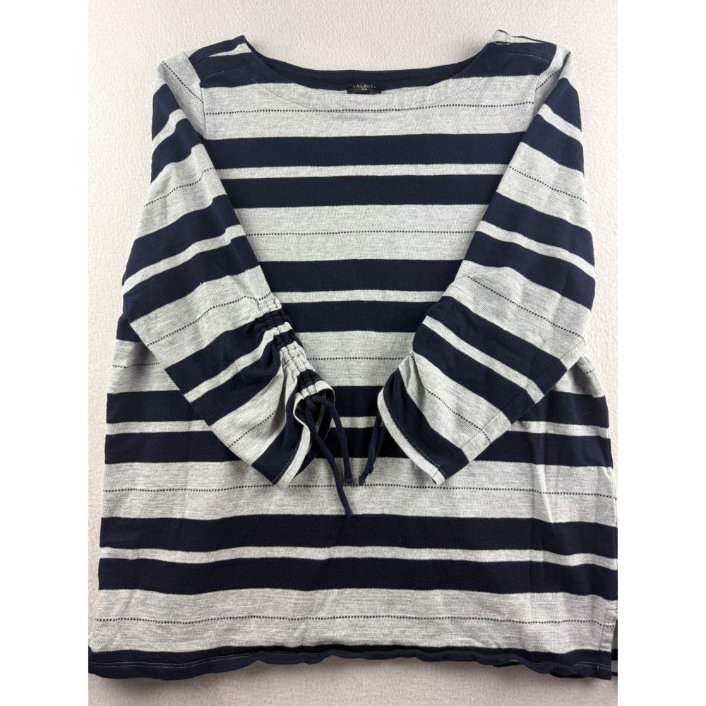 Talbots Plus Womens 2X Navy Blue Gray Striped Cotton Boat Neck Tie Sleeve Top